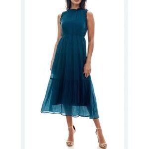 Socialite Sheer Crinkled Texture Sleeveless Midi Dress w/ Tie Detail in Teal